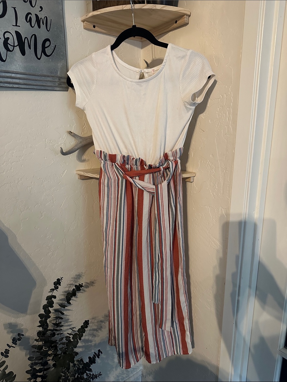 Girls' White Top Stripe One-Piece Bodysuit with Rust Stripe Skirt